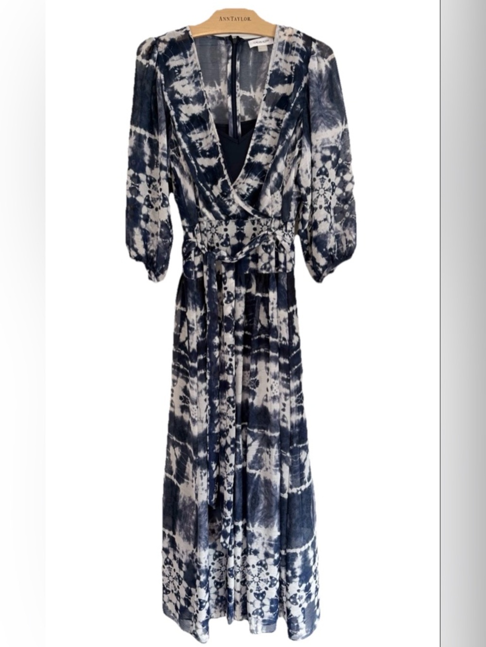 Calvin Klein Chiffon Tie-Dyed Wrap Maxi Dress. 10Petite Lined. Flowy Blue/White
